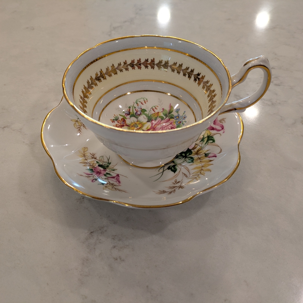 Vintage Grosvenor Bone China Gold-Trimmed Floral Teacup and Saucer England